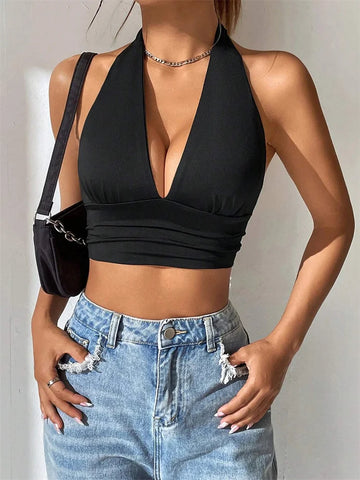 Sleeveless Backless Deep V-neck Bra Top