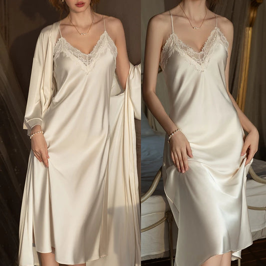 Lange Eleganz – Morgenmantel-Set mit Nachthemd (größere Größen verfügbar)
