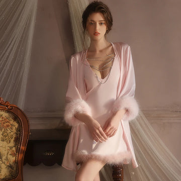 Elegant Whisper - Feathery Robe with Nightdress set