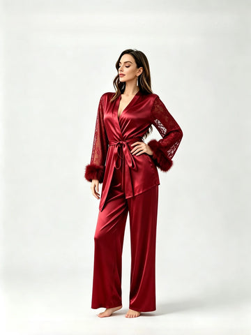 Luxury Milk Silk Pajama Set Long Sleeve Long Pants Loungewear Sexy V-Neck Lace Sleeve & Feather Trim+Pants Soft Silky Sleepwear