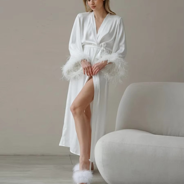Full Length Bridal Robe with feathery sleeves